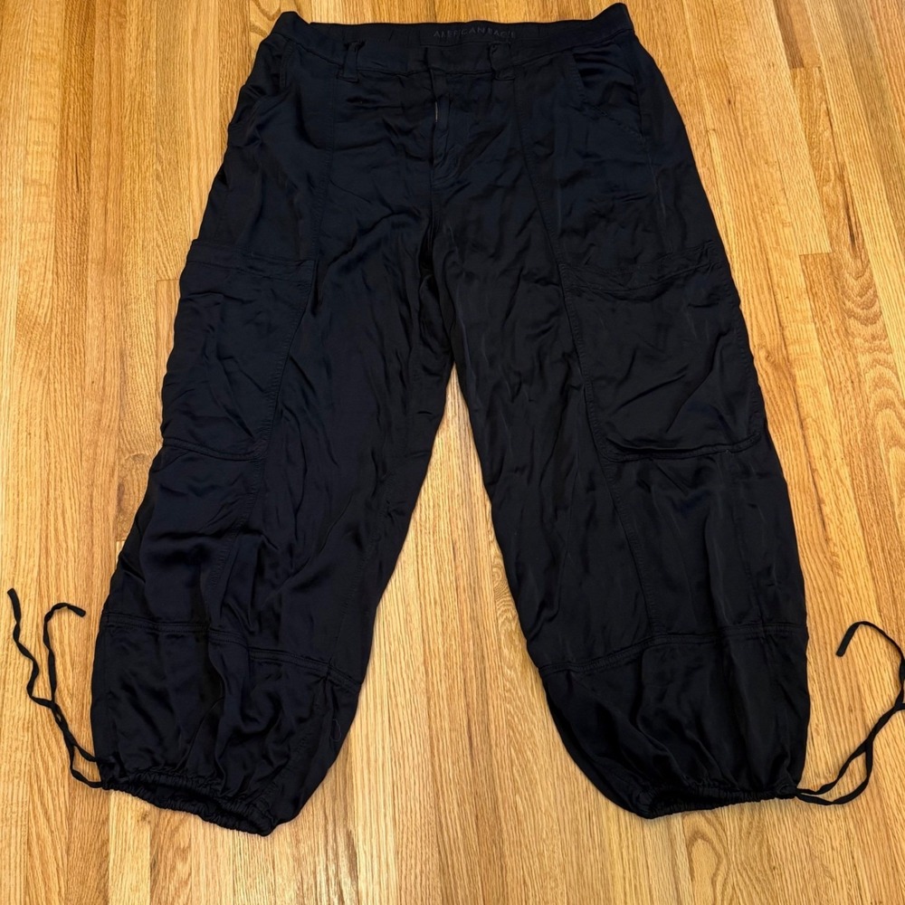 Y2K American‎ Eagle Black Cargo Pants Women's 16 Short Nylon Drawstring Hem